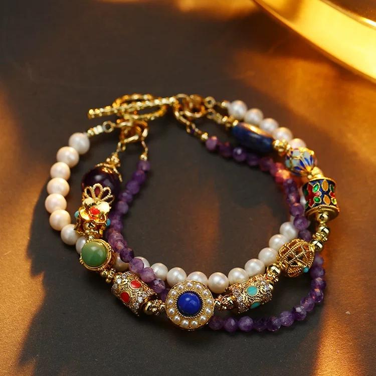 Handmade amethyst three-layer bracelet and splicable necklace