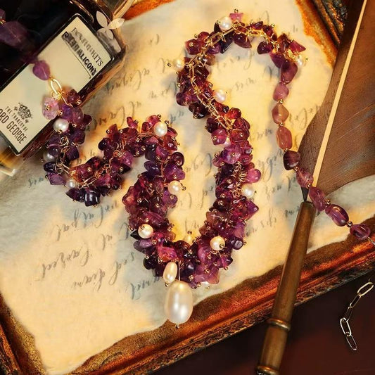 Handmade Amethyst Pearl Necklace Flower Language