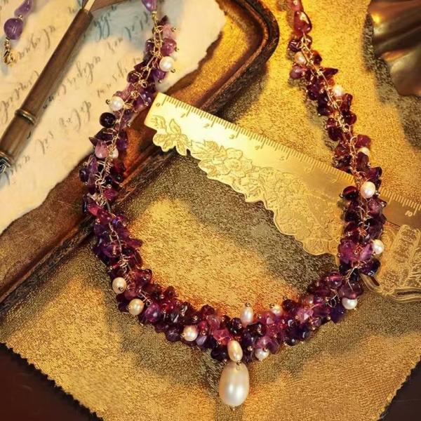 Handmade Amethyst Pearl Necklace Flower Language