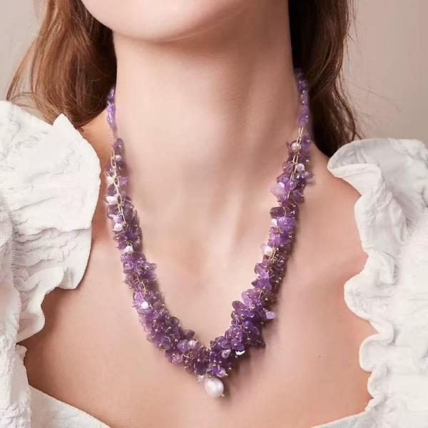 Handmade Amethyst Pearl Necklace Flower Language